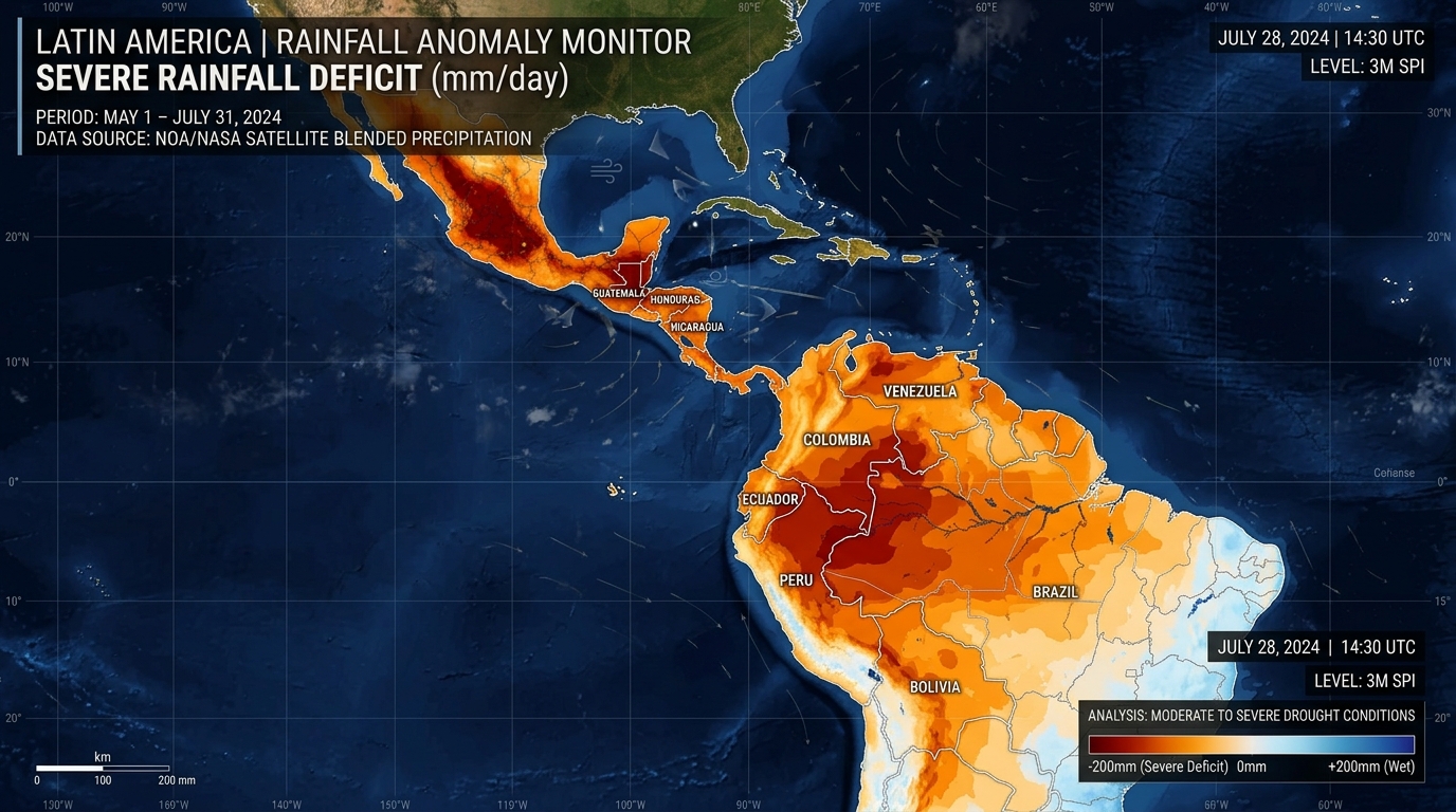 Mapa de monitoreo de déficit de lluvia en Latinoamérica por El Niño intensificado